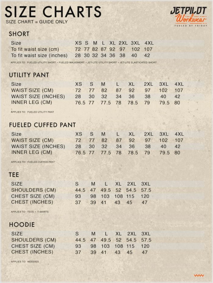 Jetpilot Malaysia Workwear Size Guide Chart
